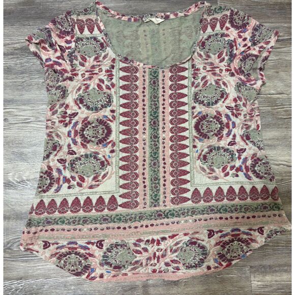 Lucky Brand Top L Pink Gray Paisley Floral Linen Viscose Blend Boho Casual Chic - Picture 2 of 5